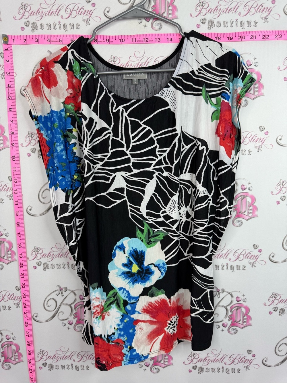 Laura top Cap Sleeve Floral Print Blouse in Black with Red & Blue Flowers